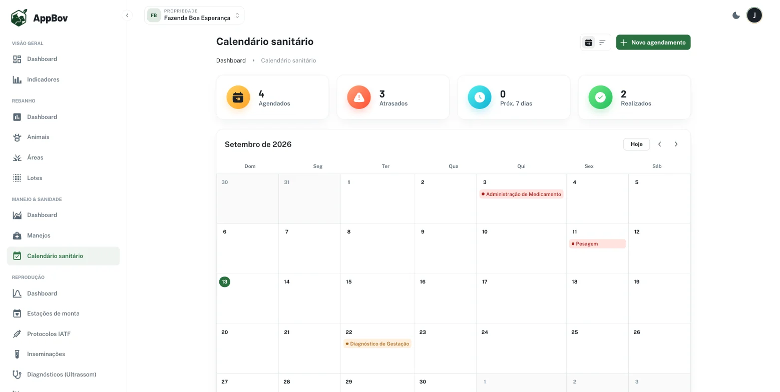 Calendário sanitário do AppBov com eventos agendados, atrasados e realizados no mês