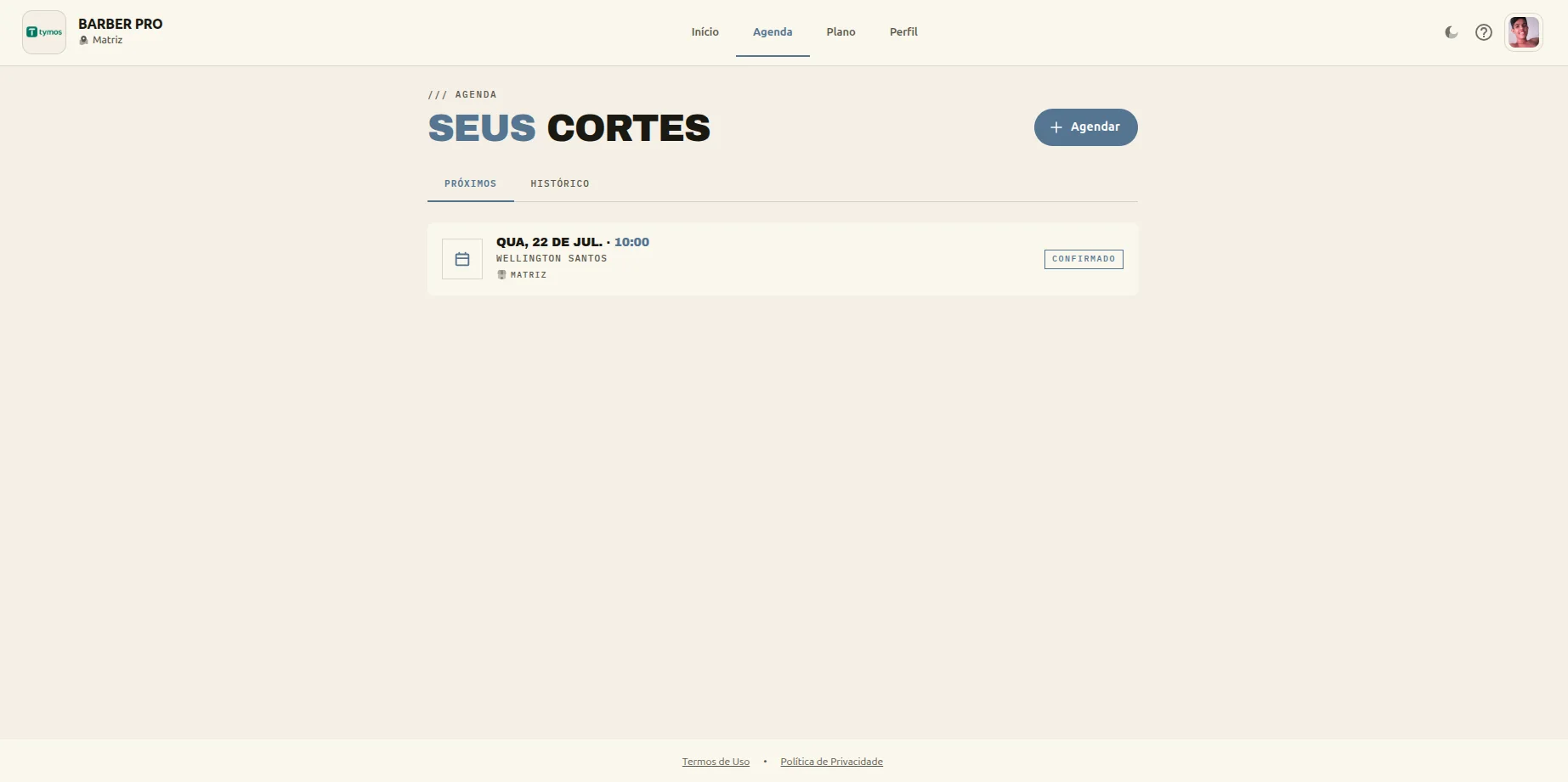 Portal do cliente do Barber listando os próximos cortes agendados