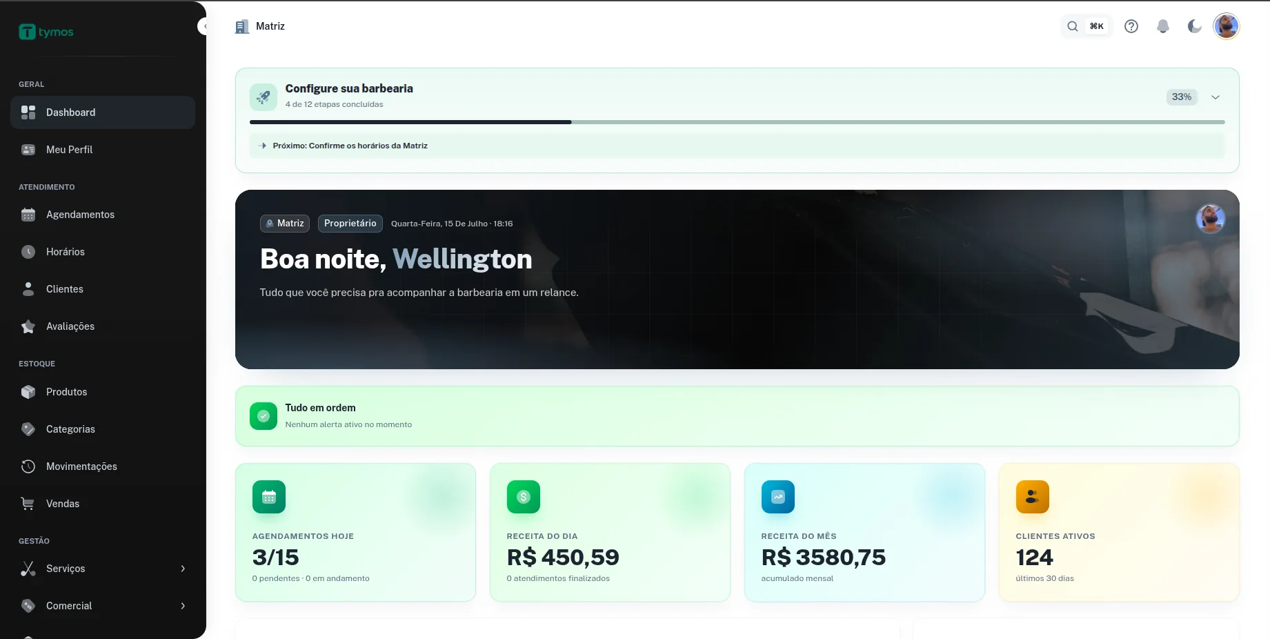 Dashboard do Barber mostrando agendamentos do dia, receita do dia e do mês e clientes ativos